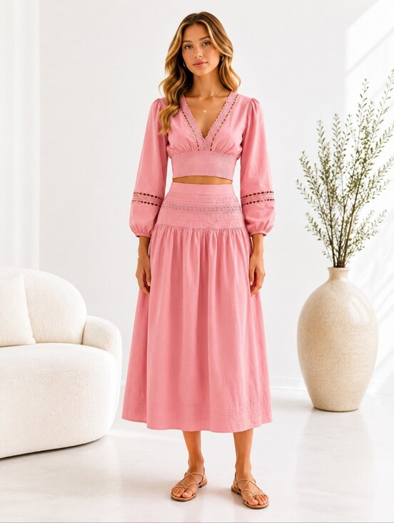 a new day Other - A New Day Pink Two-Piece Set XS | Lace Trim Crop Top & Smocked Midi Skirt |
